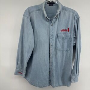 Harbour Bay Coca Cola Denim Chambray Button Up Shirt Men's M Embroidered Logo
